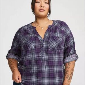 Torrid Harper Challis Plaid Blouse – Purple/Gray, Size 0